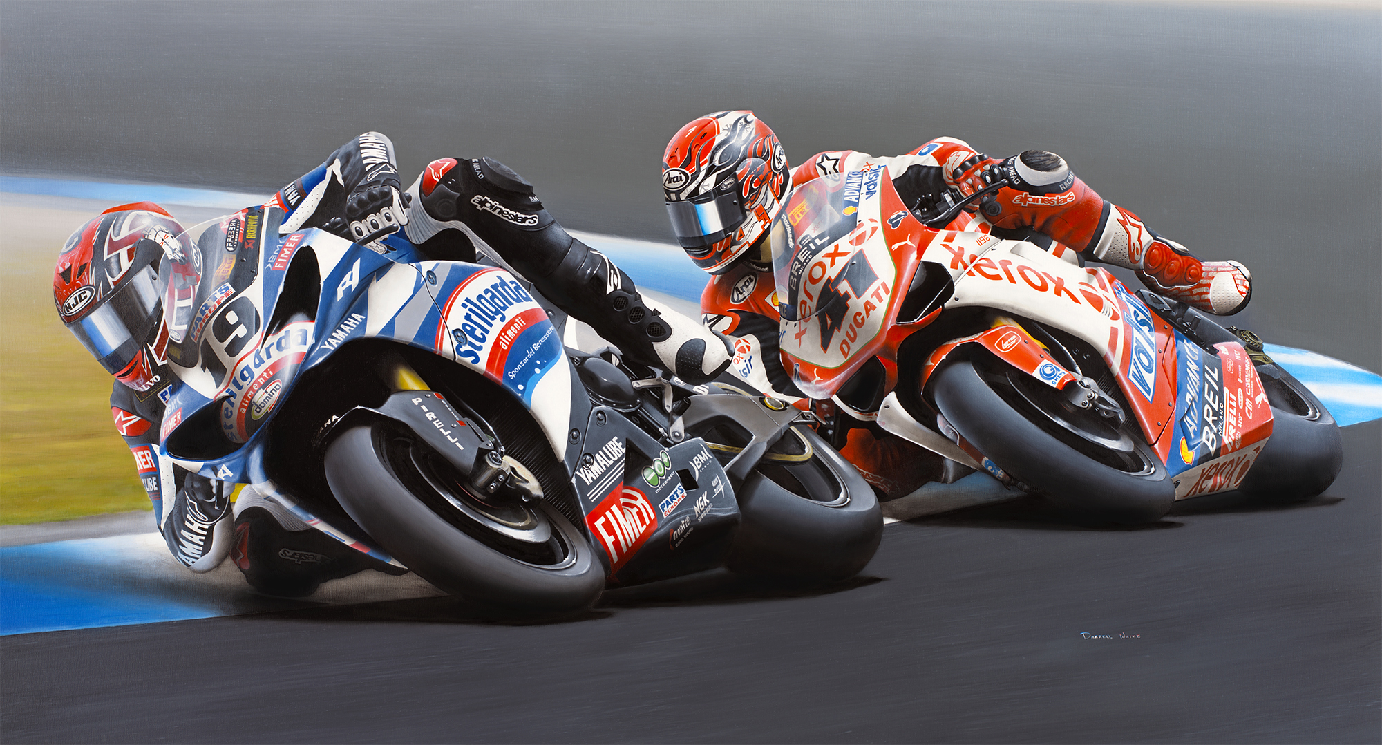 Original oil painting by Darrell White of two Superbike World Championship riders leaning hard through a corner, wheel to wheel