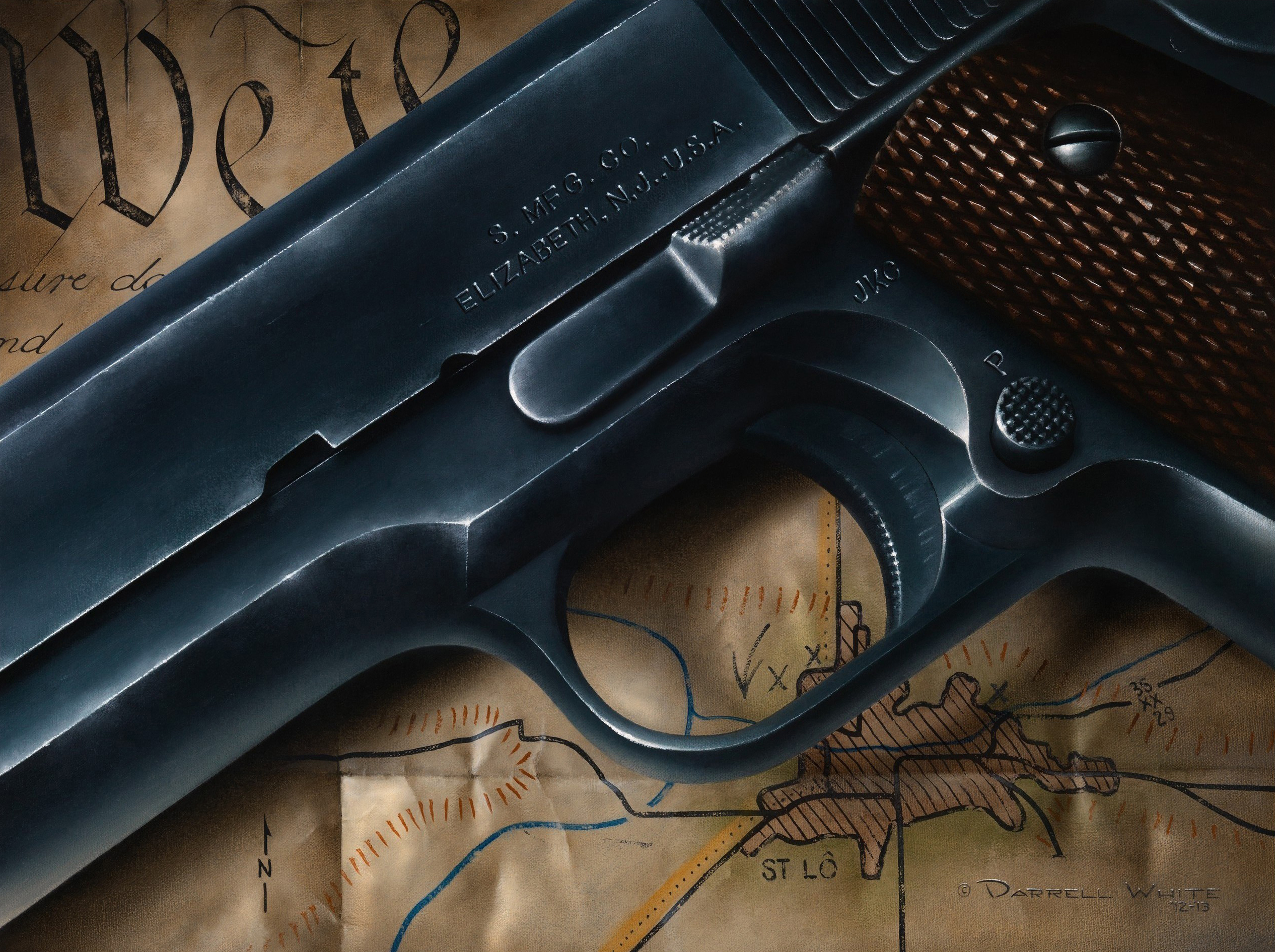 Forged From Freedom — still life oil painting of a 1911 pistol over a WWII map and calligraphy document, gallery slot 1 of 1